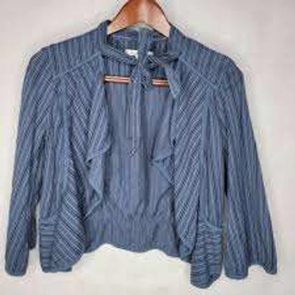 Cabi Pinstripe Tie-Neck Draped Cardigan Boho Fairycore Cotton Blue Jacket Size M - Picture 3 of 6
